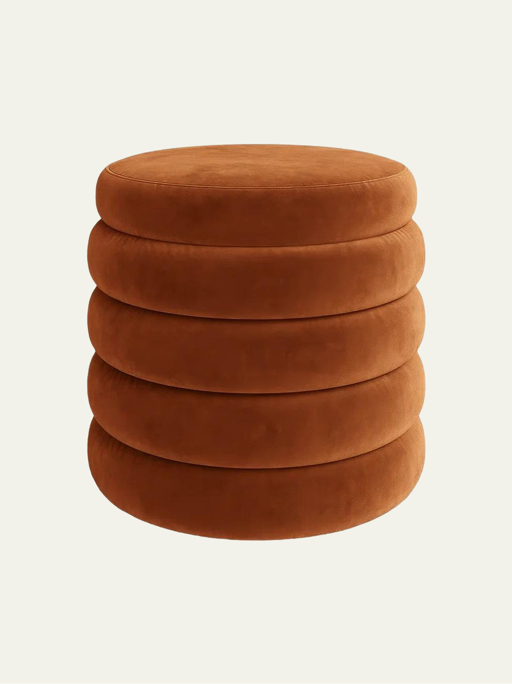 Helene Upholstered Storage Ottoman in a burnt-orange velvet with a round, stacked tufted silhouette.