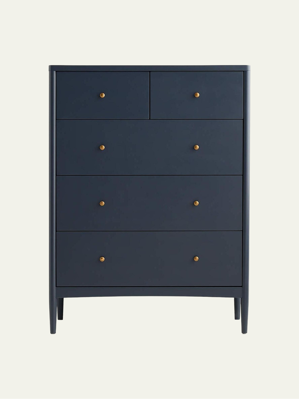 Hampshire 36-inch wood dresser in navy blue with five drawers, brass knobs, and slim tapered legs.