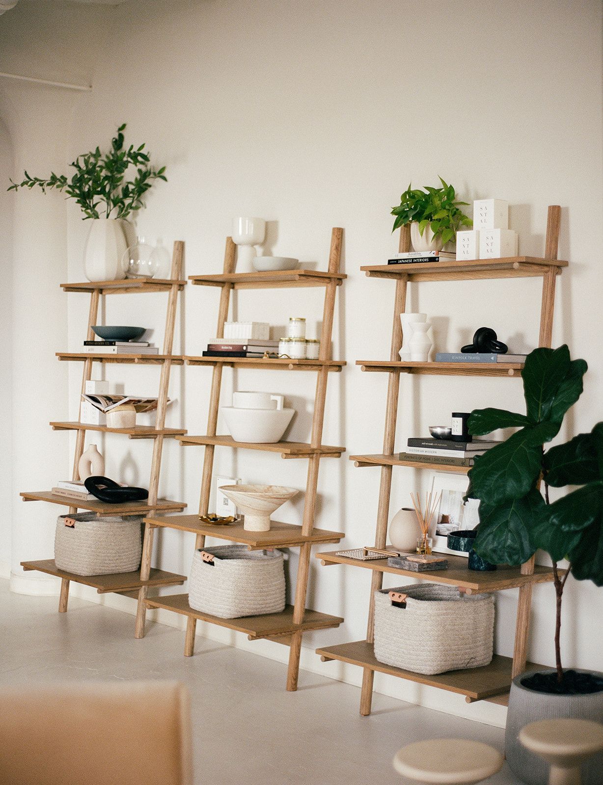 Wood ladder shelving holds ceramic vases, stacked books, woven storage baskets, and a leafy fiddle-leaf fig plant.