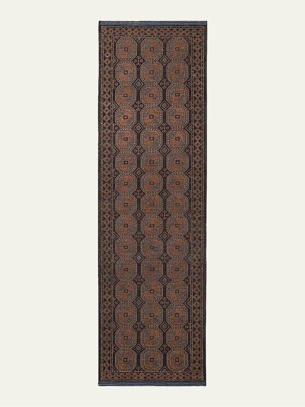Pascala Hand-Knotted Wool Runner Rug in a rust and slate-blue geometric medallion pattern with a dark border.