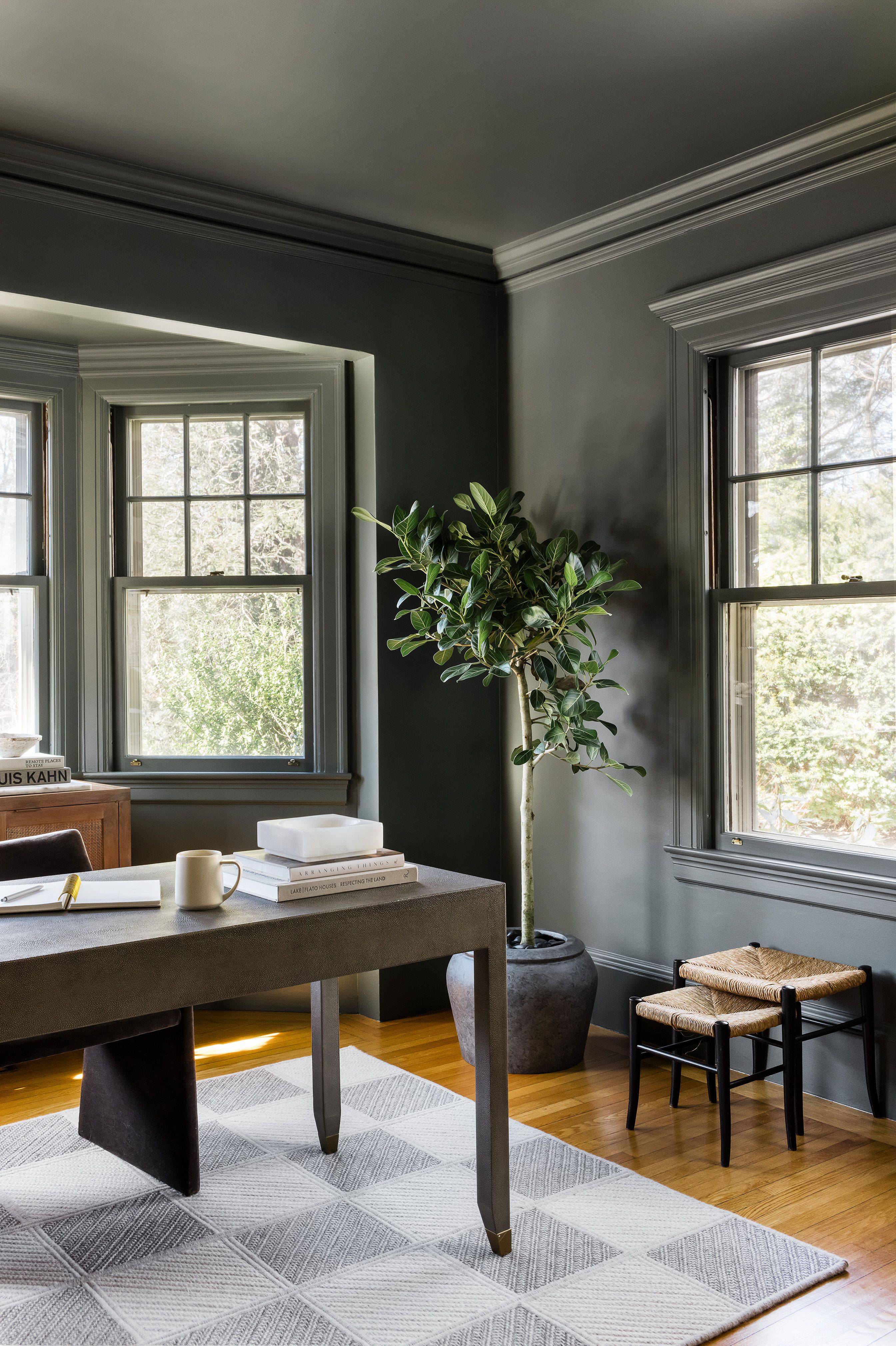 A dark green home office with a potted rubber plant, a wood desk on a patterned rug, and woven rush-seated stools by the window.