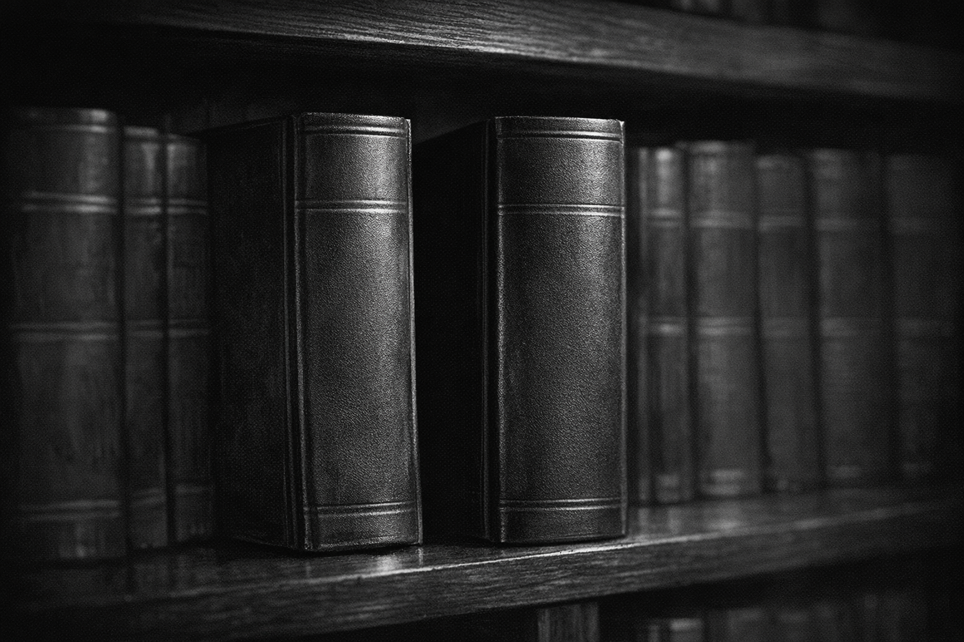 Two hardcover legal volumes standing apart on a dark library shelf, with a visible gap between them.