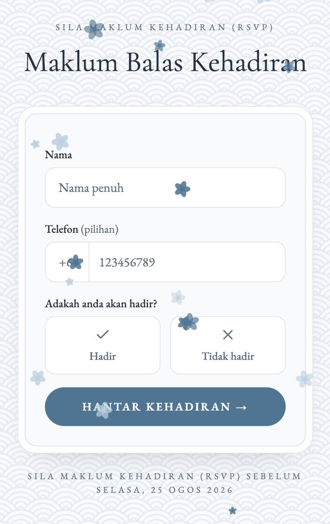 Borang RSVP dalam E-kad dari Akad yang minimalistik