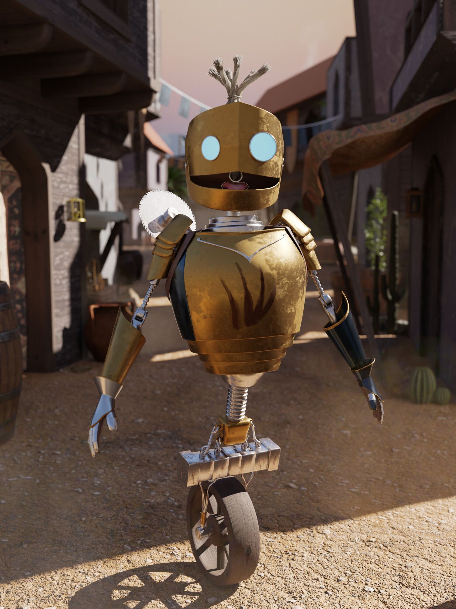 A metal automaton standing in a dusty street