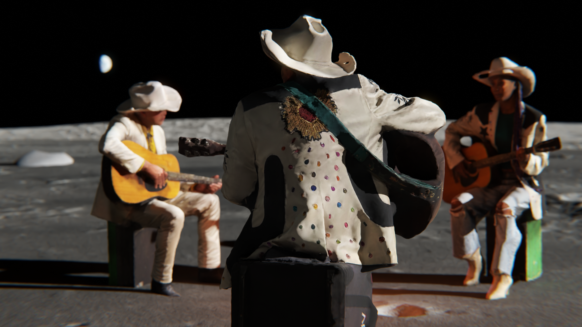 Three cowboys playing guitar on the moon