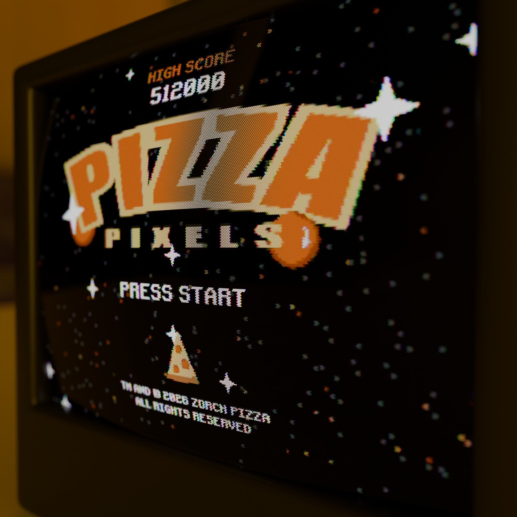 A CRT display with a video game called Pizza Pixels