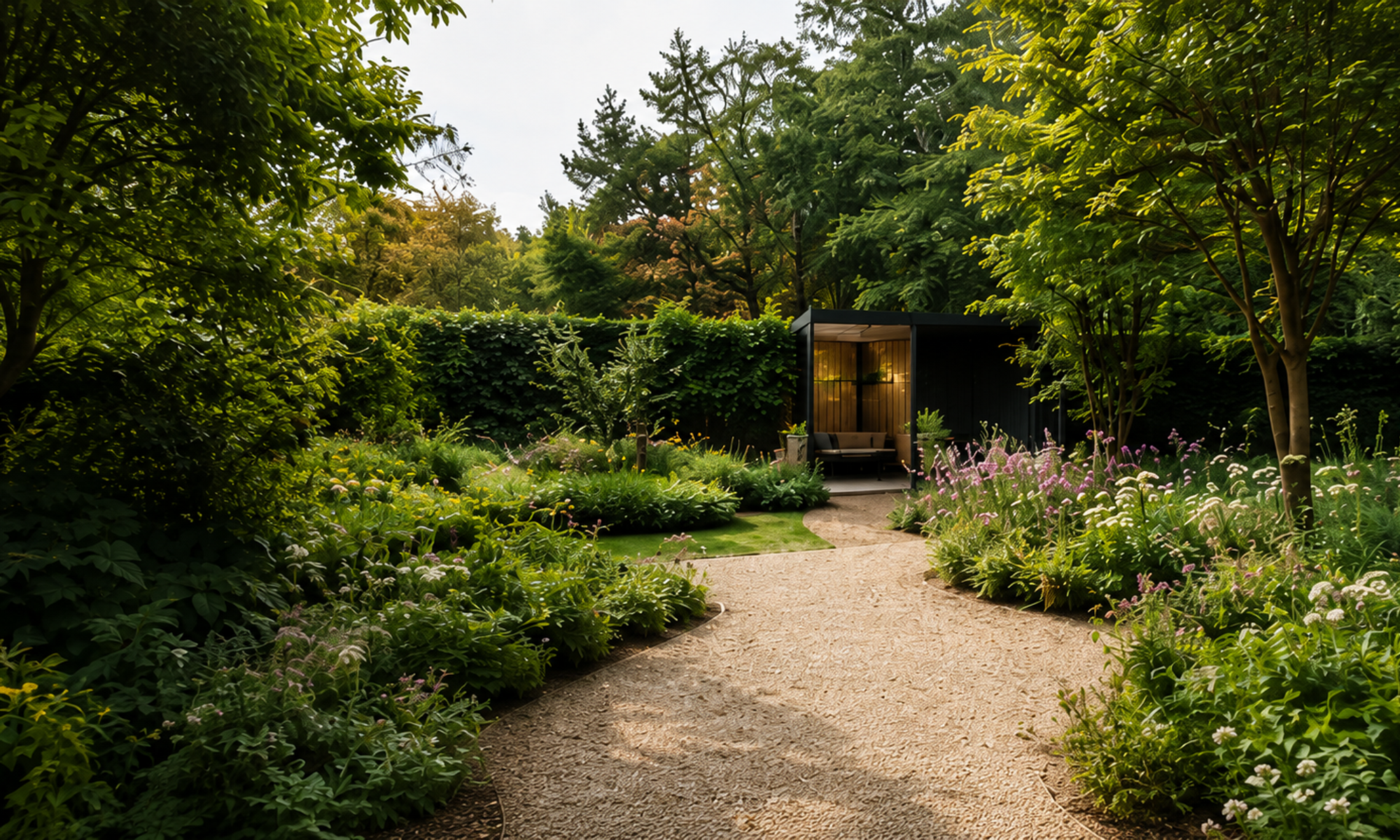 Weelderige aangelegde tuin met grindpad en modern tuinpaviljoen