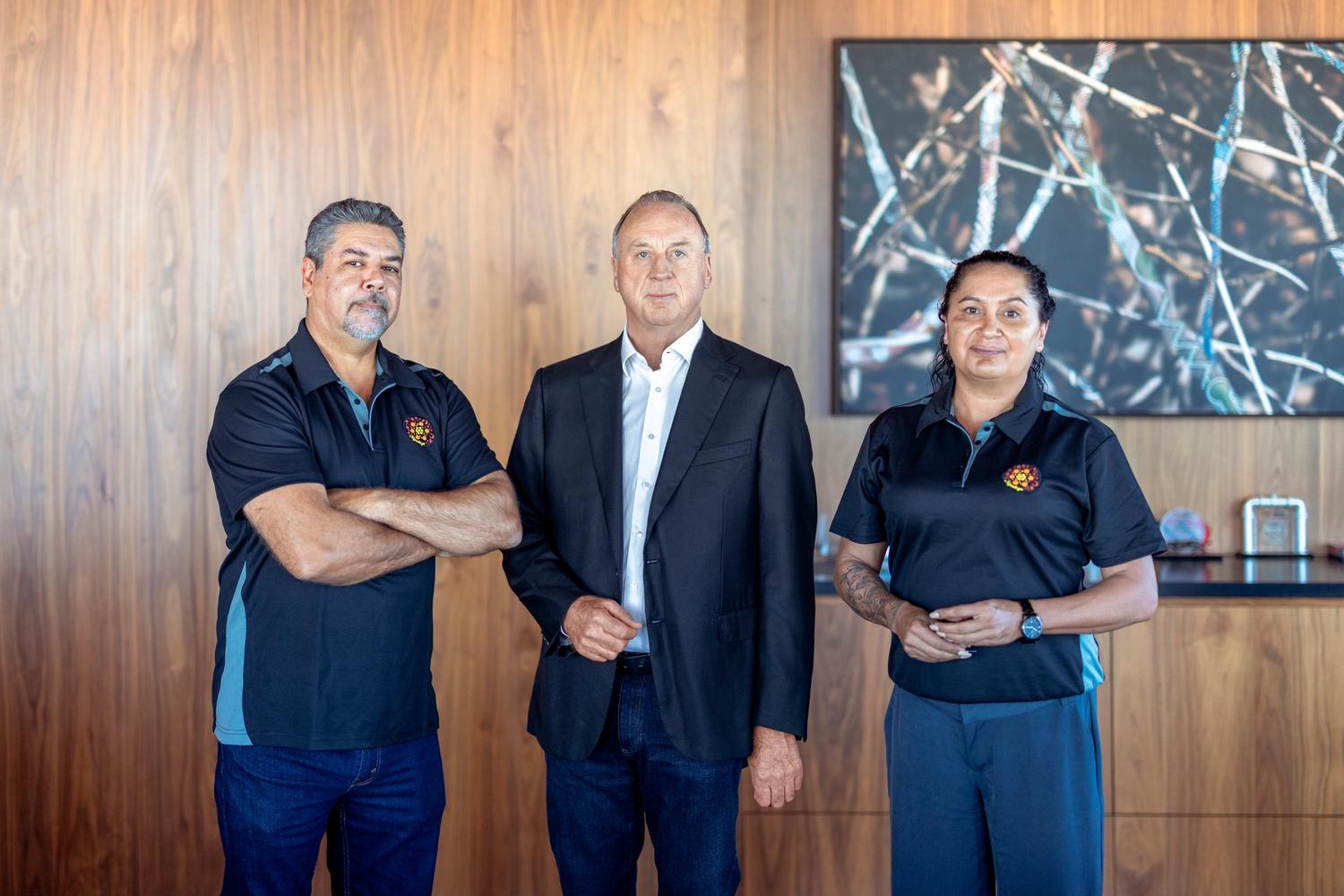 Ngarliya Directors Arran Henry and Kelly Slattery with MinRes Managing Director Chris Ellison