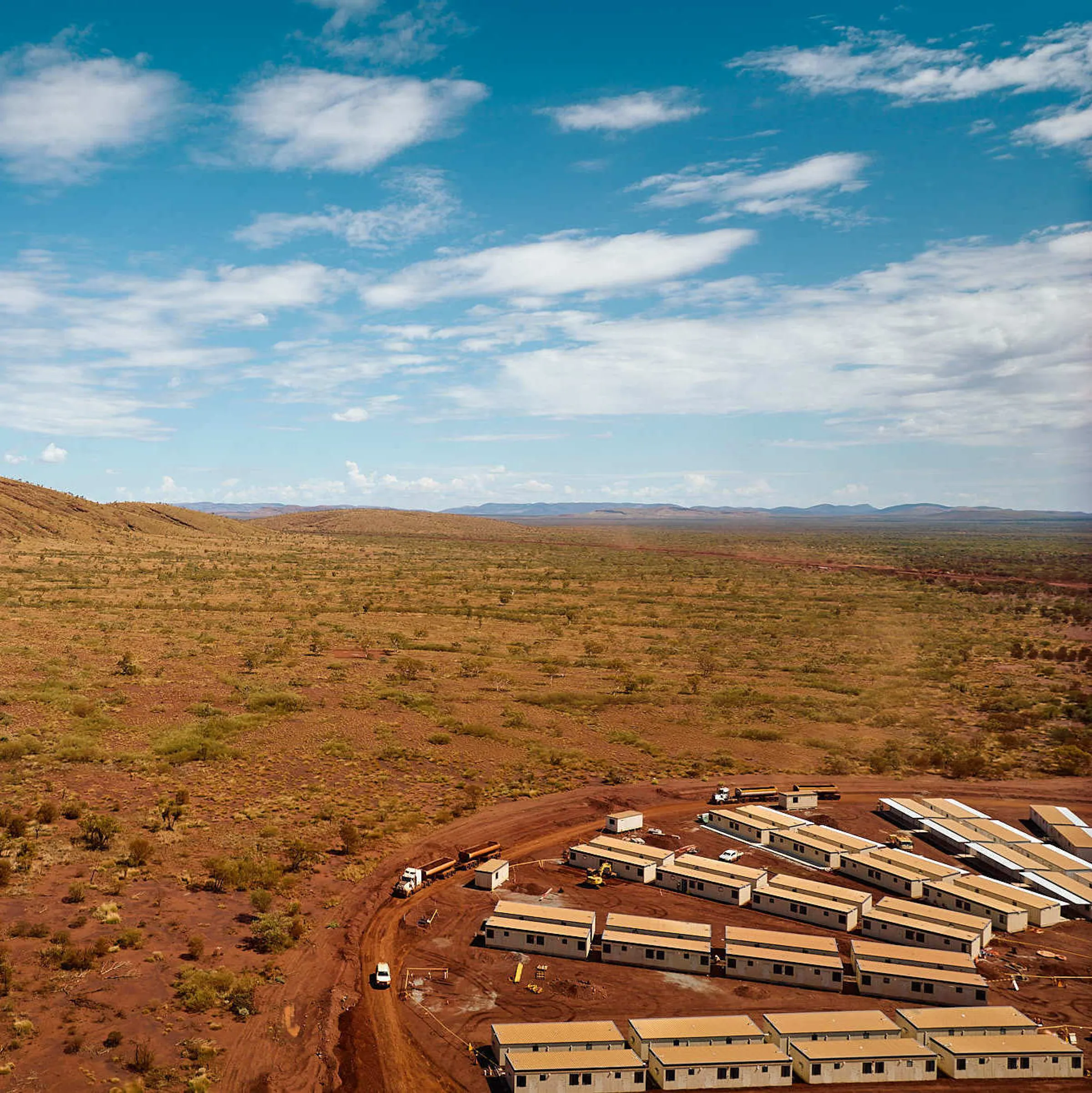 drone footage of lamb creek construction village with landscape