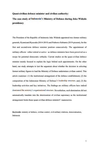 Quasi-civilian defence minister and civilian authority: The case study of Indonesia's Ministry of Defence during Joko Widodo’s presidency