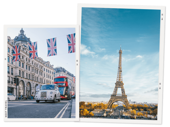 ロンドンの街中とパリのエッフェル塔