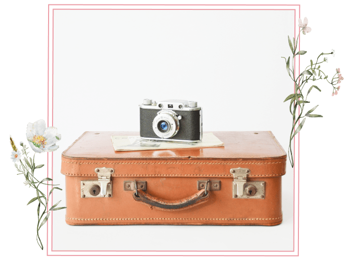 旅行用のスーツケースとカメラ