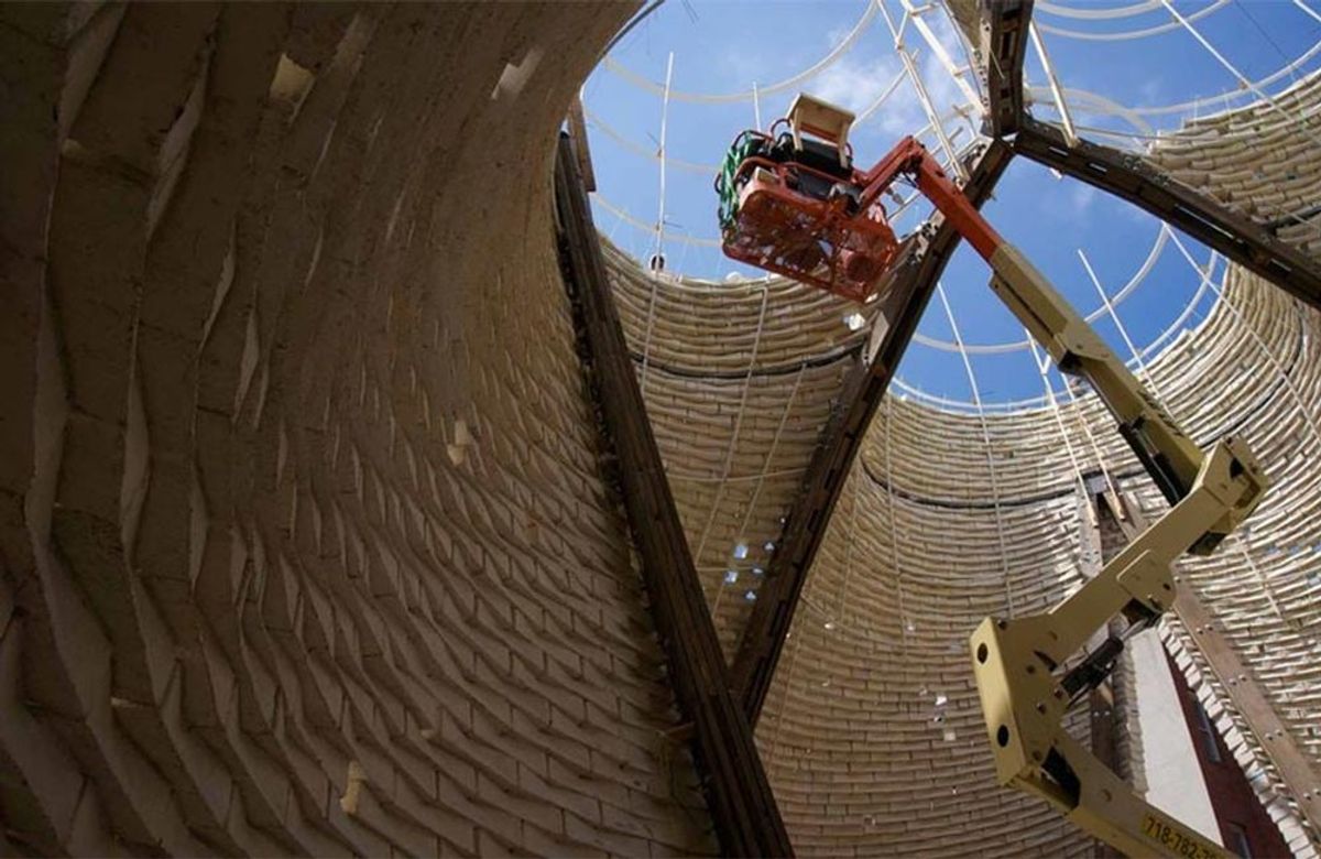 Interior view of the Hy-Fi tower showing its load-bearing mycelium brick structure