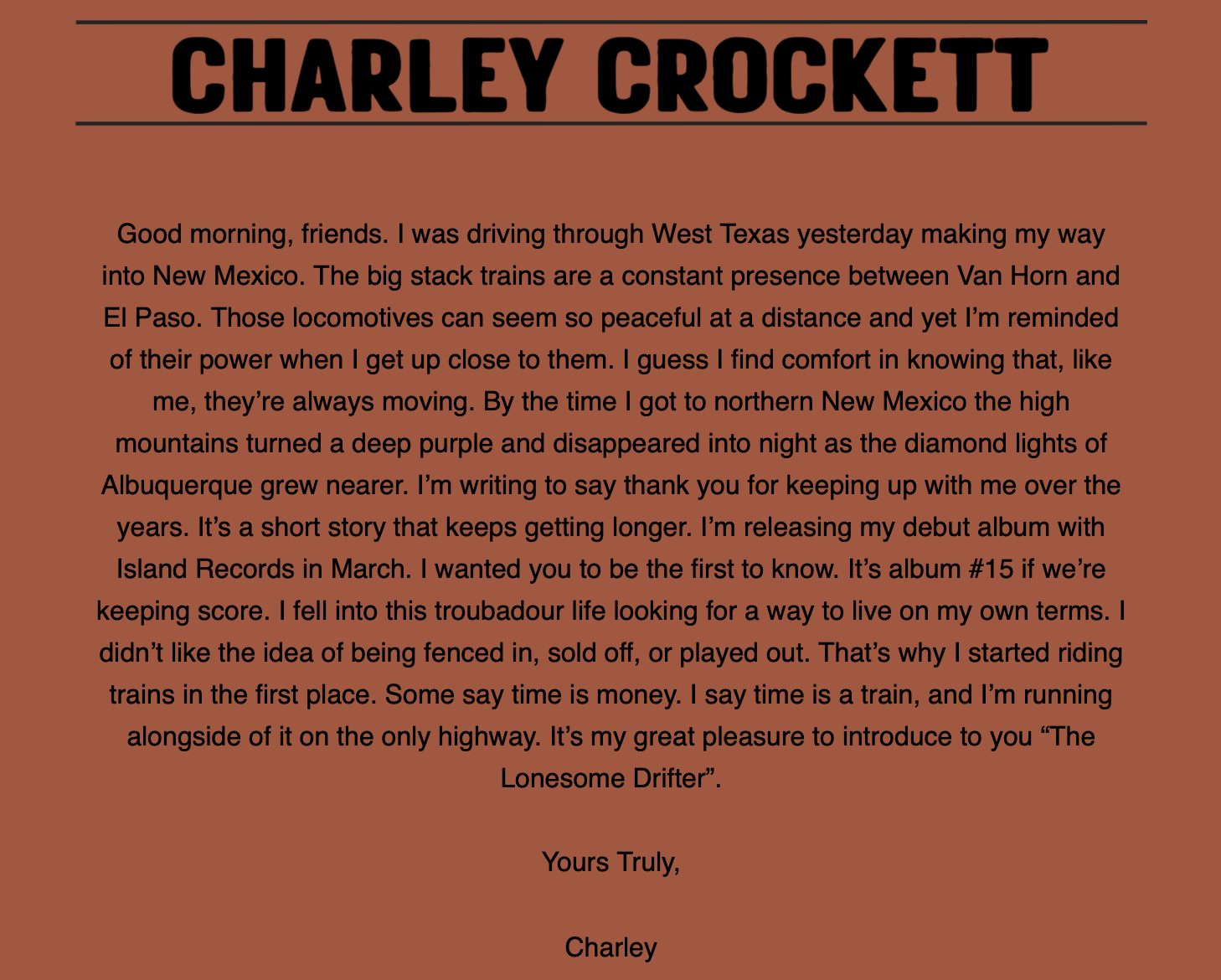 <p>Charley Crockett Mailing List Letter</p>
