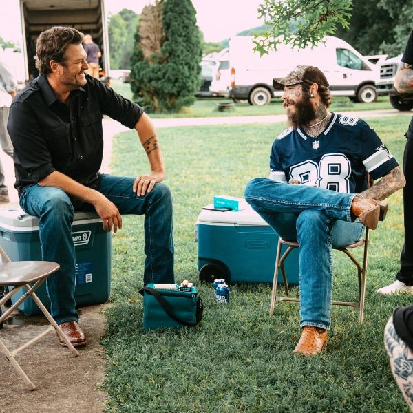 Post Malone and Blake Shelton on-set for the Pour Me a Drink music video