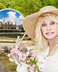 Dolly Parton sat by a stream in a woodland area with a picture of Dollywood centred behind her in a circular graphic.