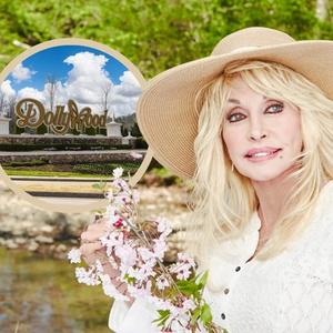 Dolly Parton sat by a stream in a woodland area with a picture of Dollywood centred behind her in a circular graphic.