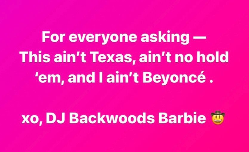 <p>DJ Backwoods Barbie IG Screenshot</p>