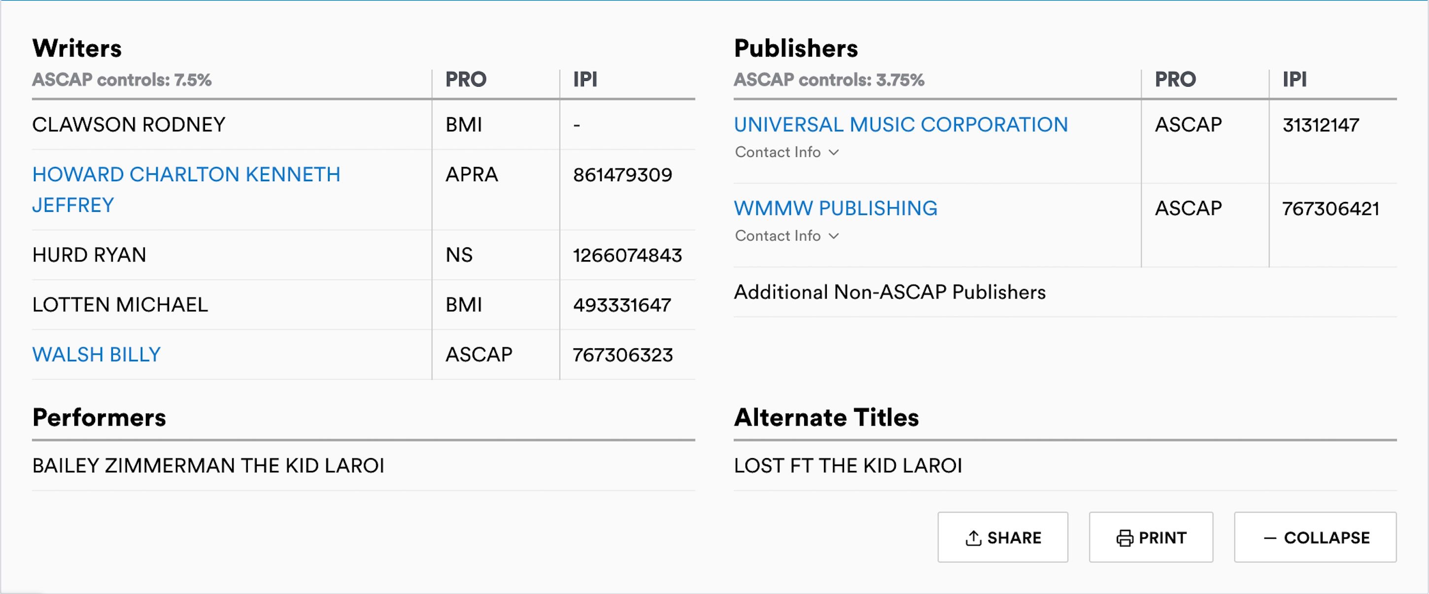 <p>Bailey Zimmerman & The Kid Laroi - Lost ASCAP</p>