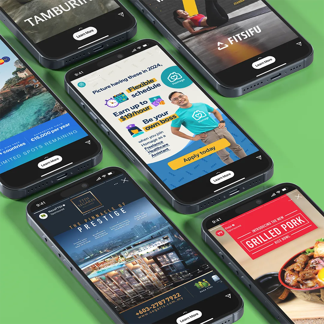 Phones with ad designs displayed on them