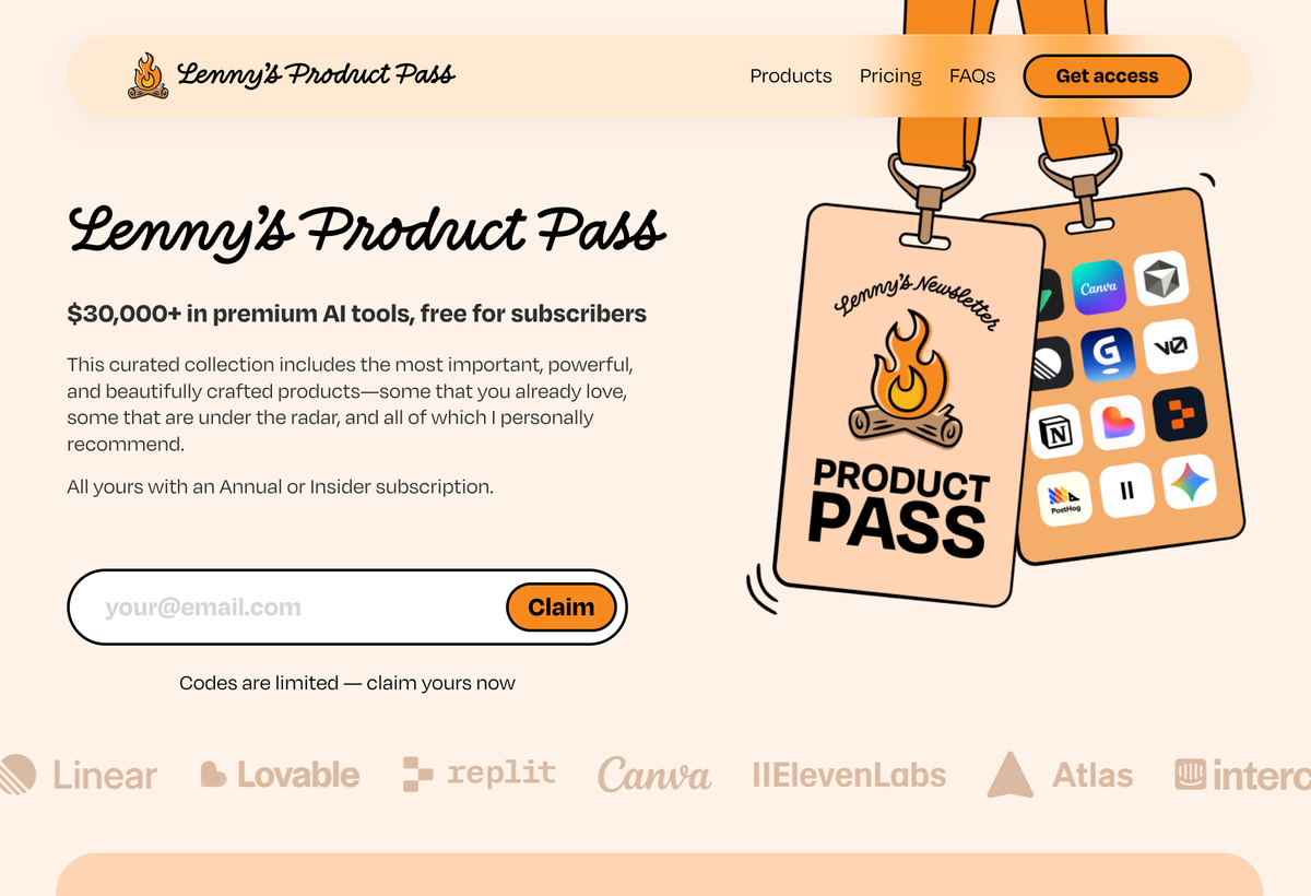 Lenny's Product Pass homepage showing premium AI tools for subscribers