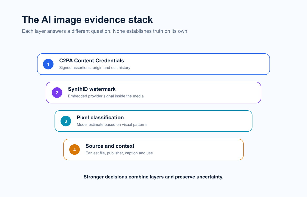 Four-layer evidence stack for AI image provenance review