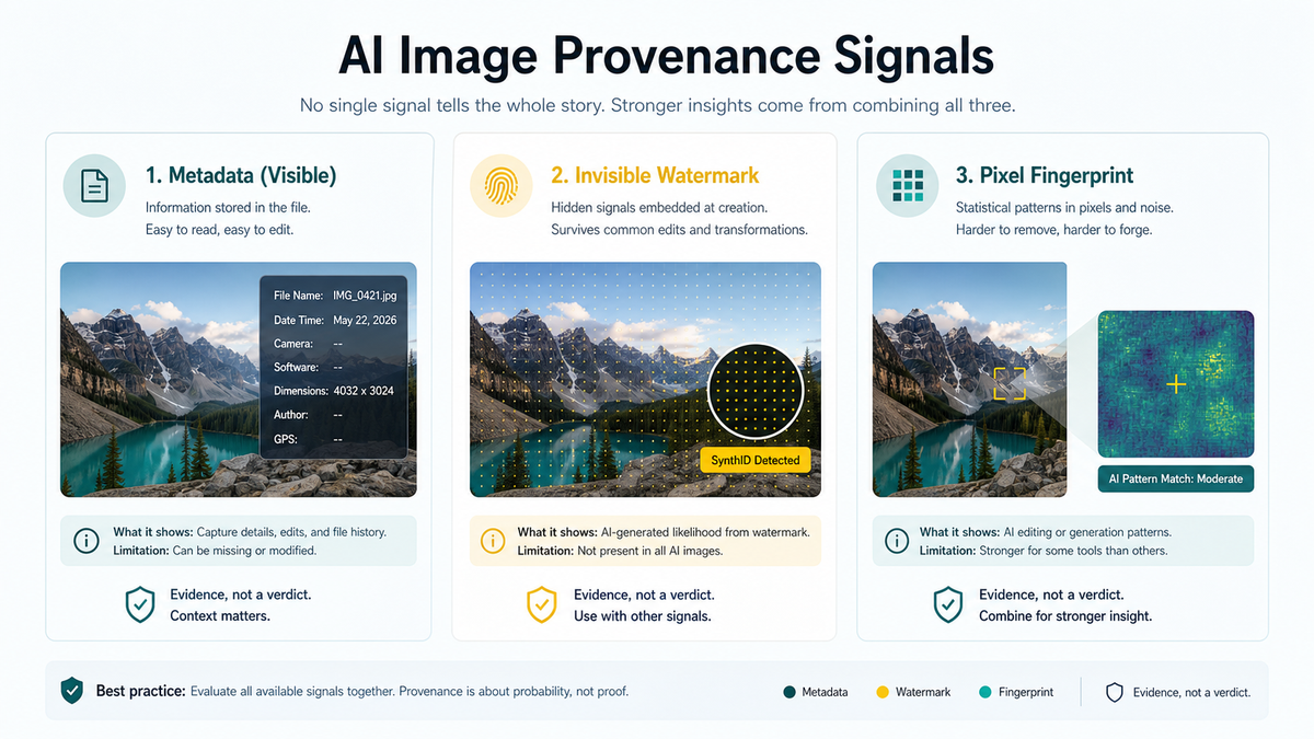 Metadata, invisible watermark, and pixel fingerprint signals for AI image verification
