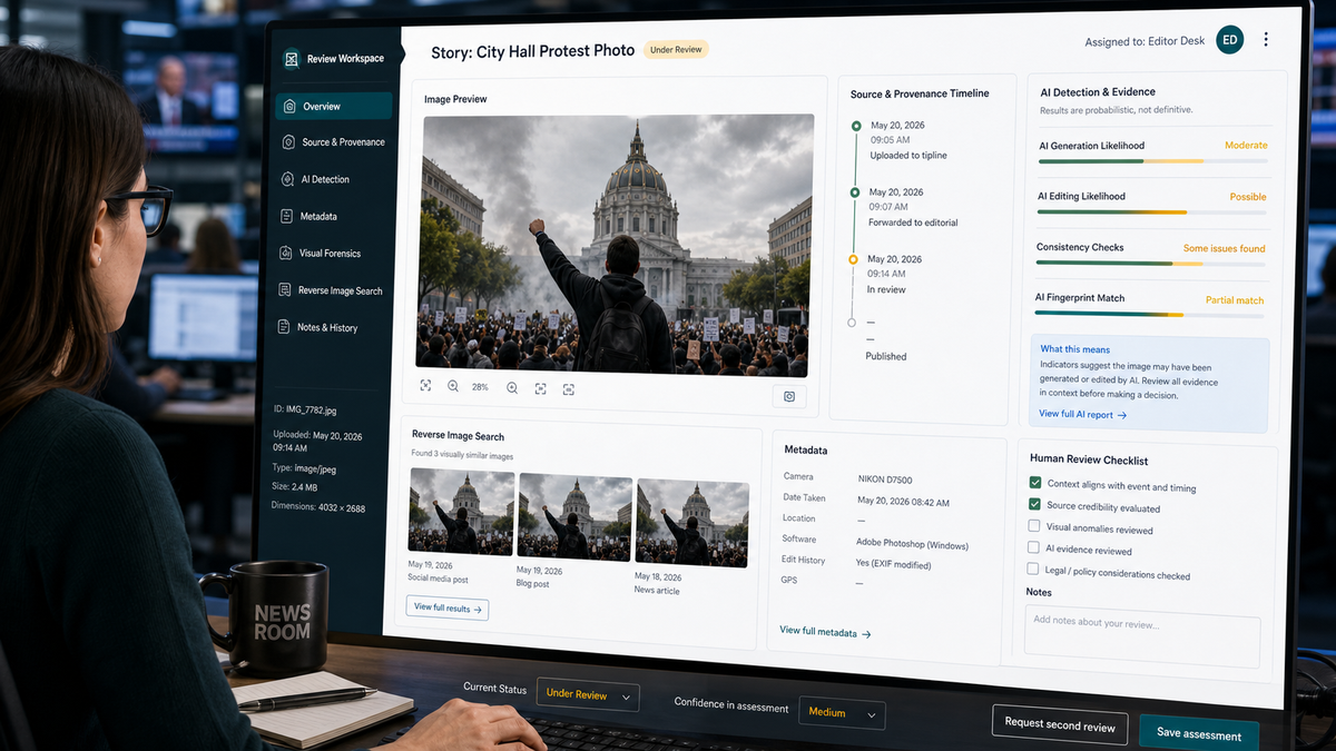 Newsroom review workspace checking image source, metadata, and AI detector evidence