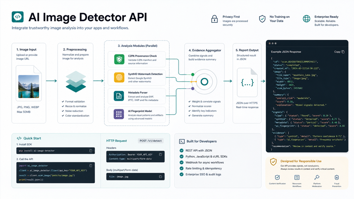 AI image detection API pipeline with provenance checks, metadata parsing, model judgment, and JSON report