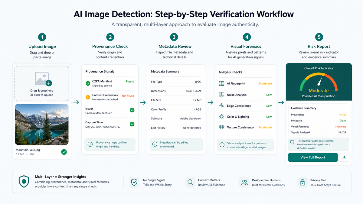 AI image detection workflow from upload to provenance check, metadata review, and risk report