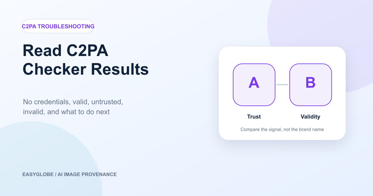 C2PA checker results for valid, untrusted, invalid and not found states
