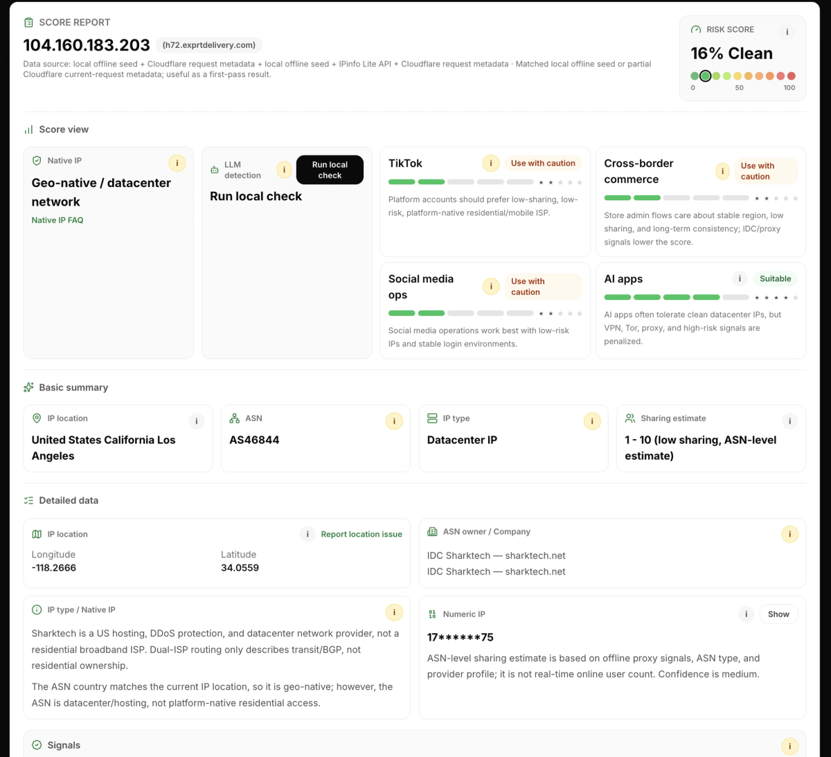 Ping0 IP 查询评分报告，展示 16% Clean 风控值、原生 IP、场景评分、ASN、IP 类型和共享估计
