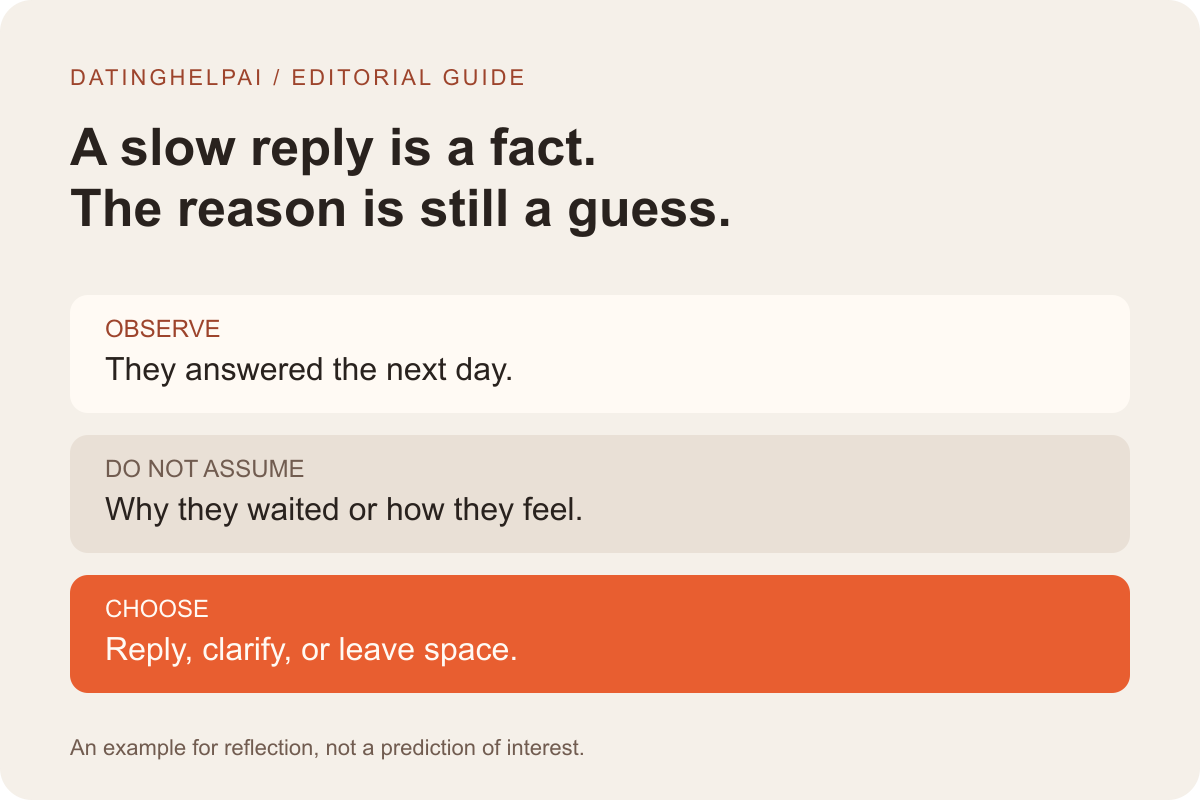 A slow dating reply separated into an observable fact, an uncertain interpretation, and a choice you control