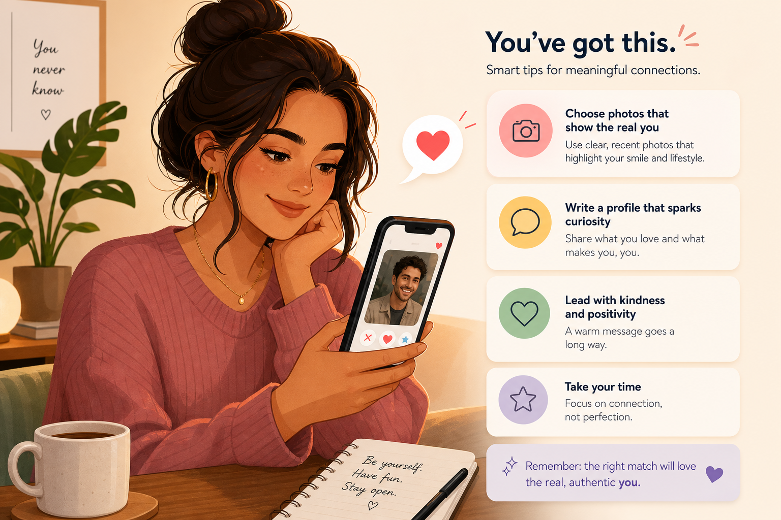 Illustration of a single person using a dating app with coaching help