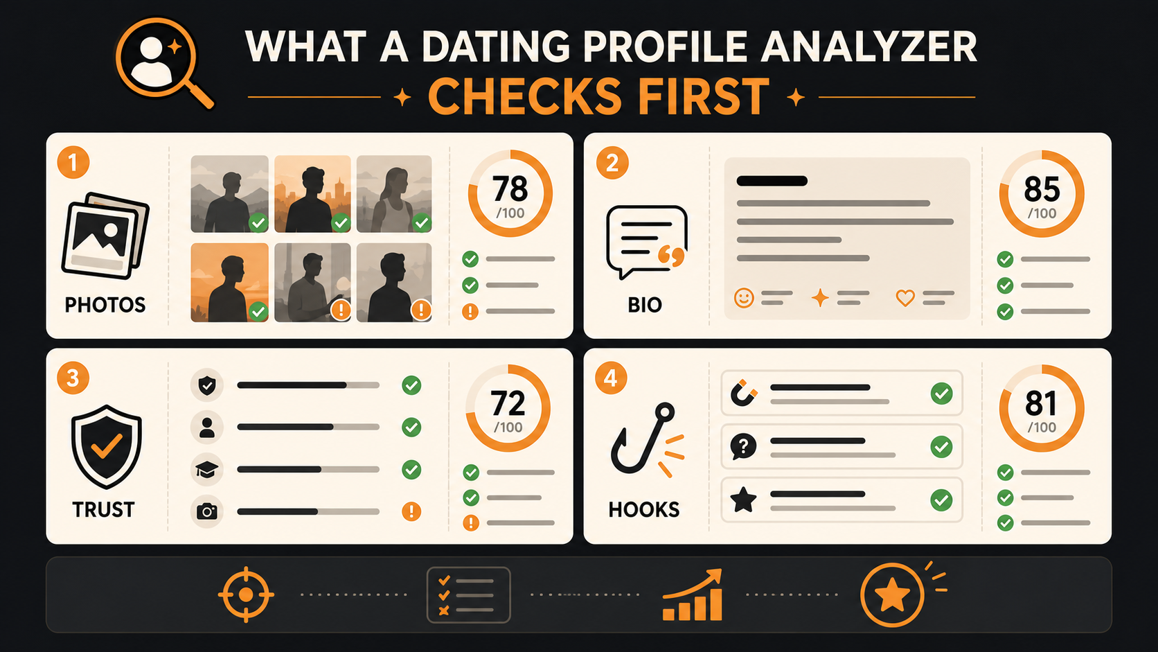 Dating profile analyzer checklist covering photos, bio, trust signals, and conversation hooks