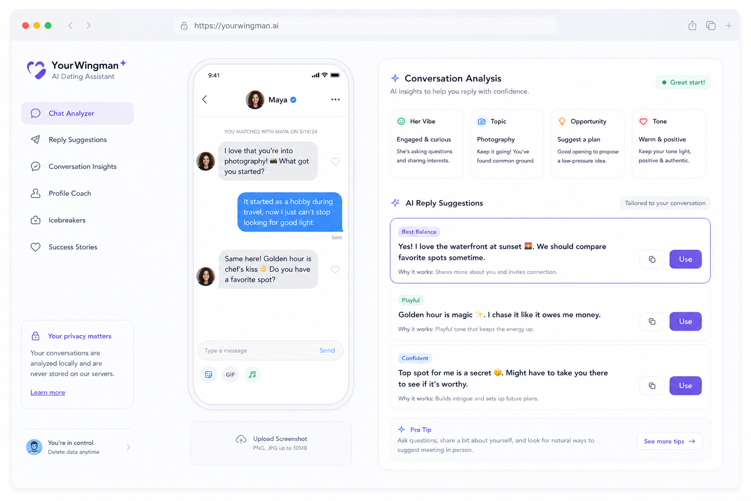 Illustration of an AI dating assistant analyzing a conversation screenshot