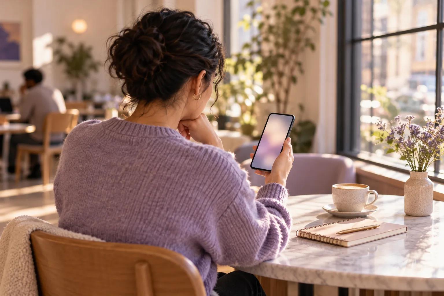Person reviewing a phone at a café table with a notebook