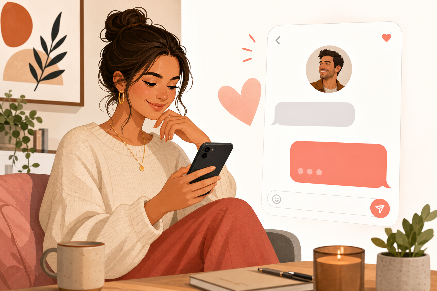 Illustration of a person crafting a confident first message on a dating app