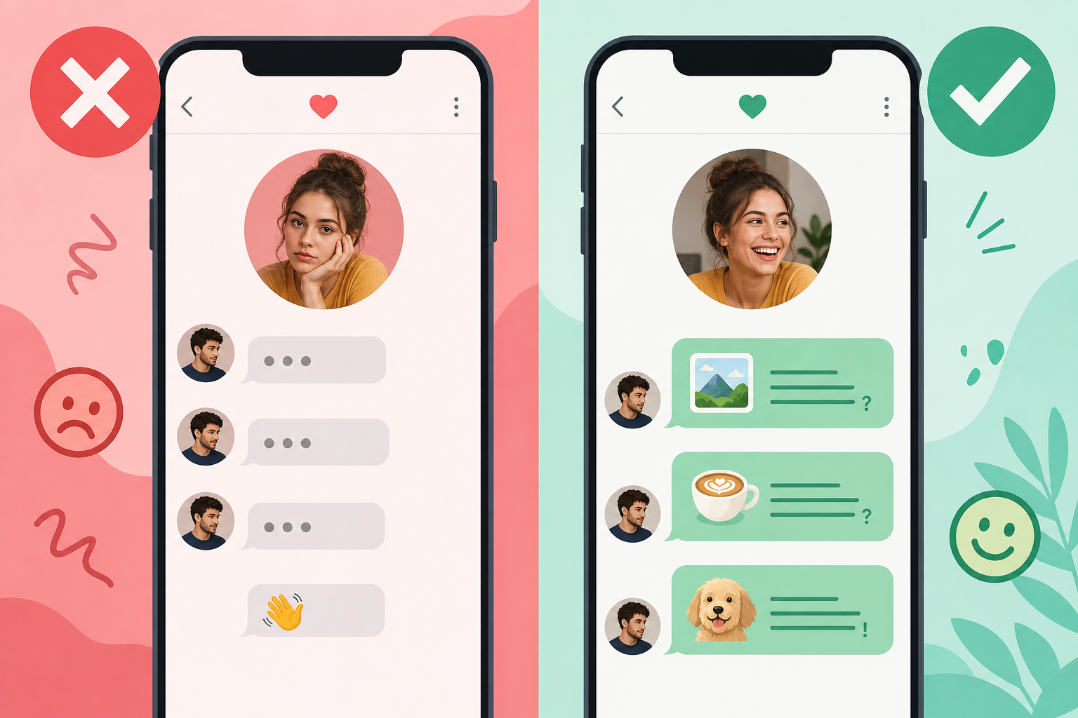 Illustration comparing weak generic dating app openers with strong personalized openers