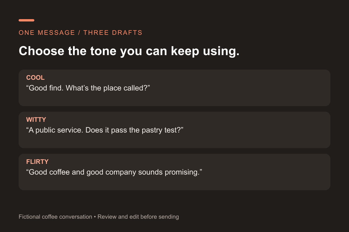 Borradores relajados, ingeniosos y coquetos que responden al mismo mensaje ficticio sobre café