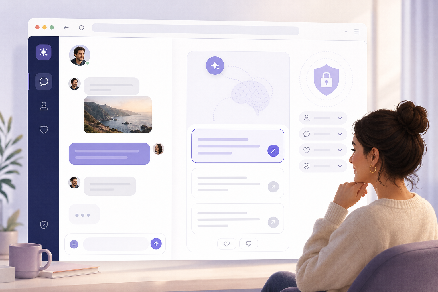 Illustration of an AI dating assistant generating personalized reply suggestions from a chat screenshot in a browser