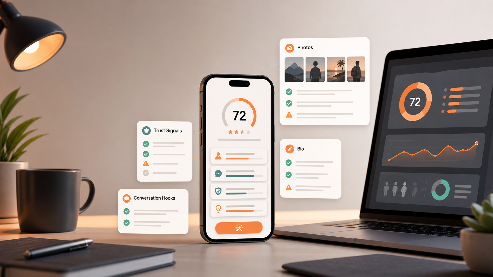 AI dating profile analyzer dashboard reviewing photos, bio, trust signals, and conversation hooks