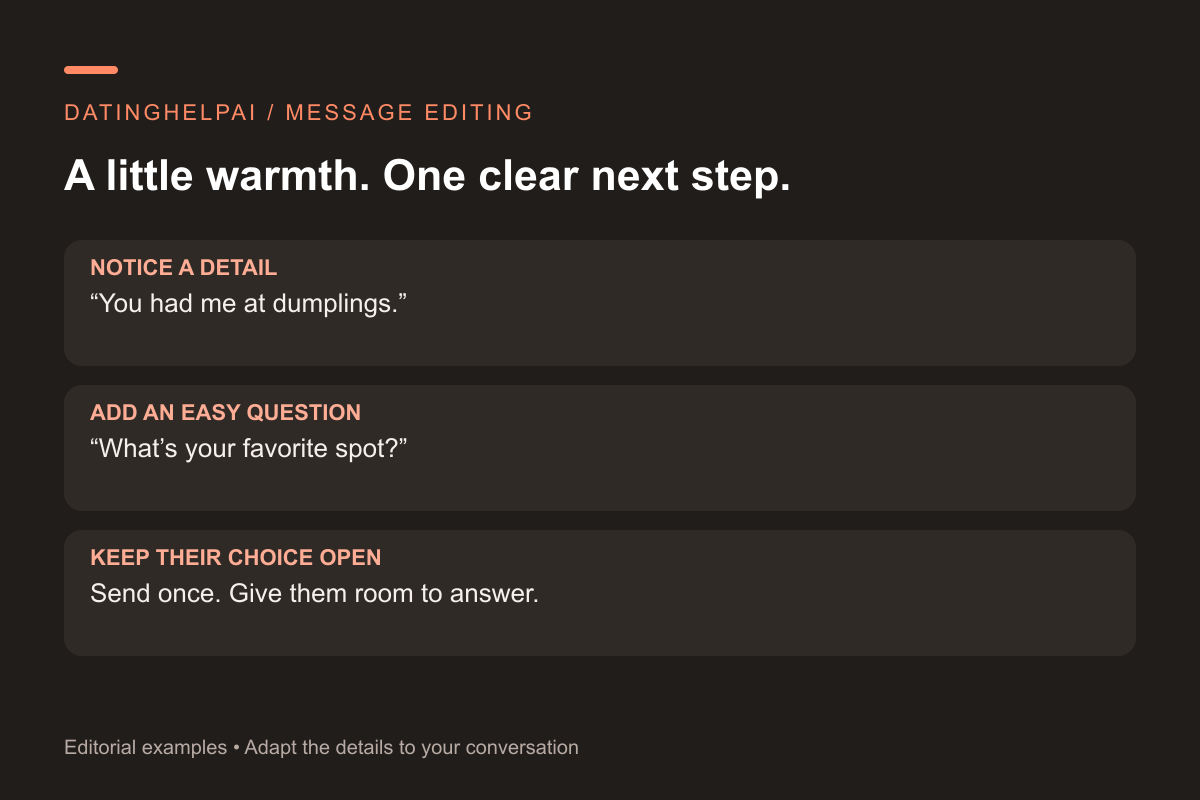 Three steps for a natural flirty reply: notice a detail, ask an easy question, and give them room to answer