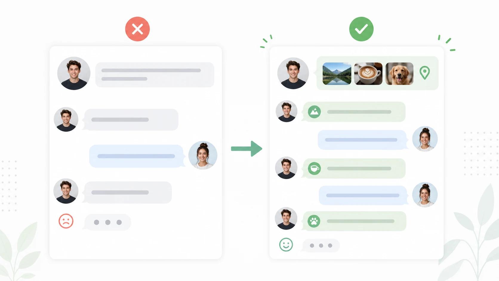 Dating app message examples comparing generic openers with profile based questions