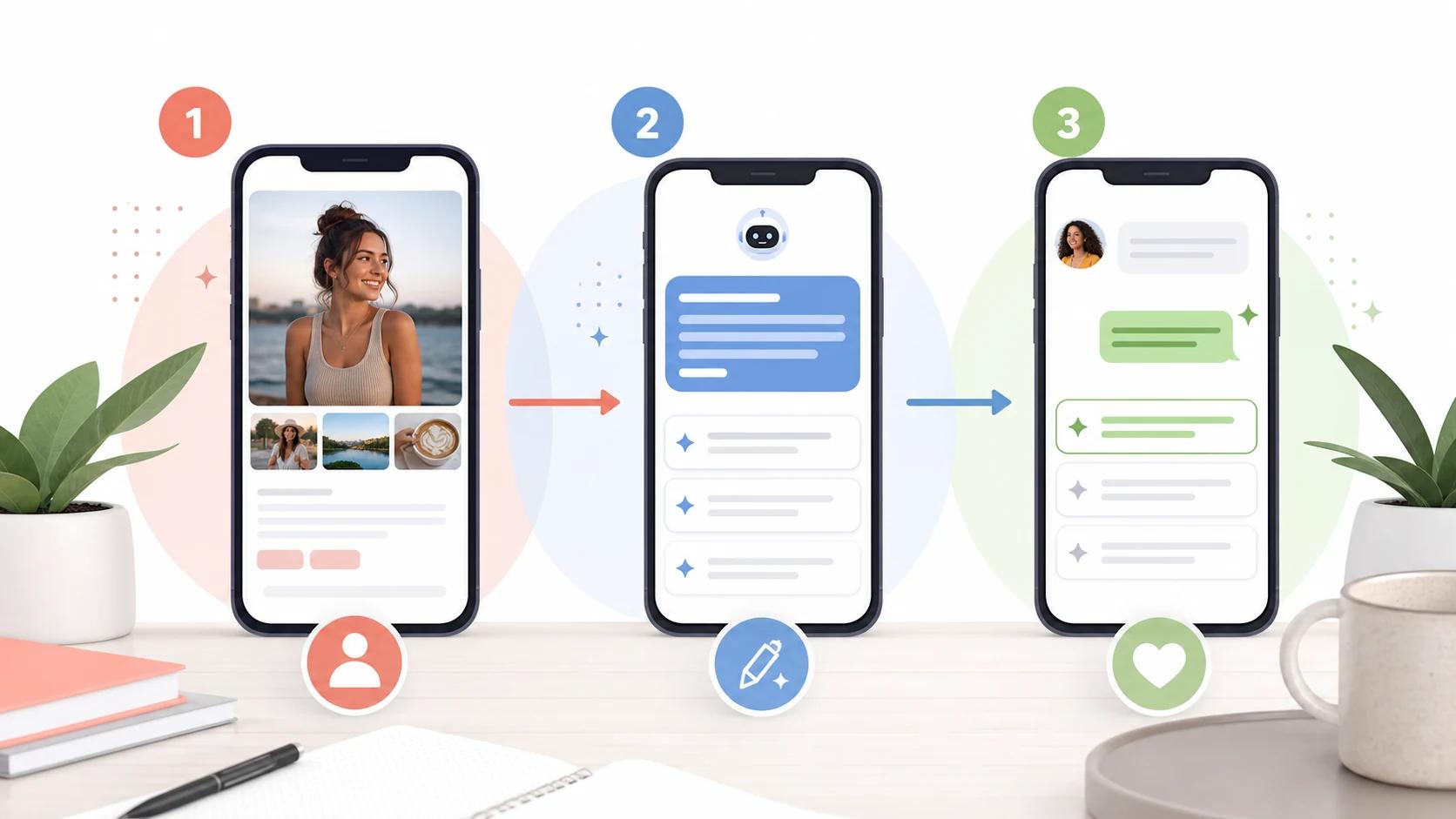 Tinder helper workflow showing profile review opener drafting and reply choice