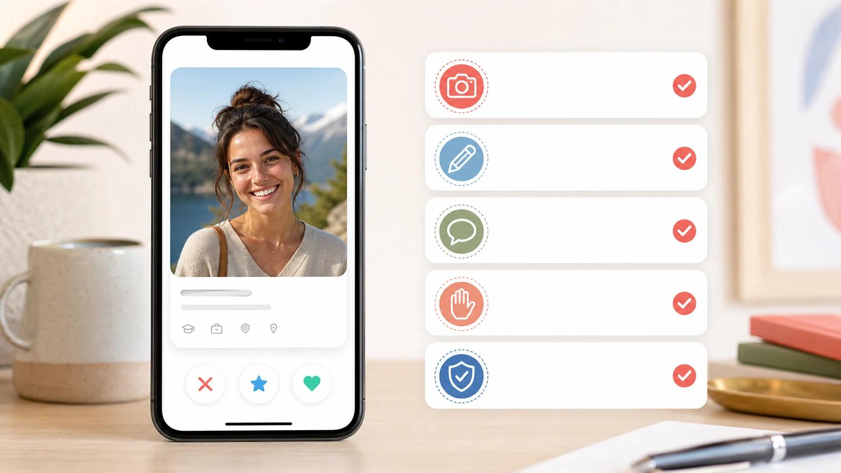 Tinder profile checklist with clear first photo bio hook and safety notes