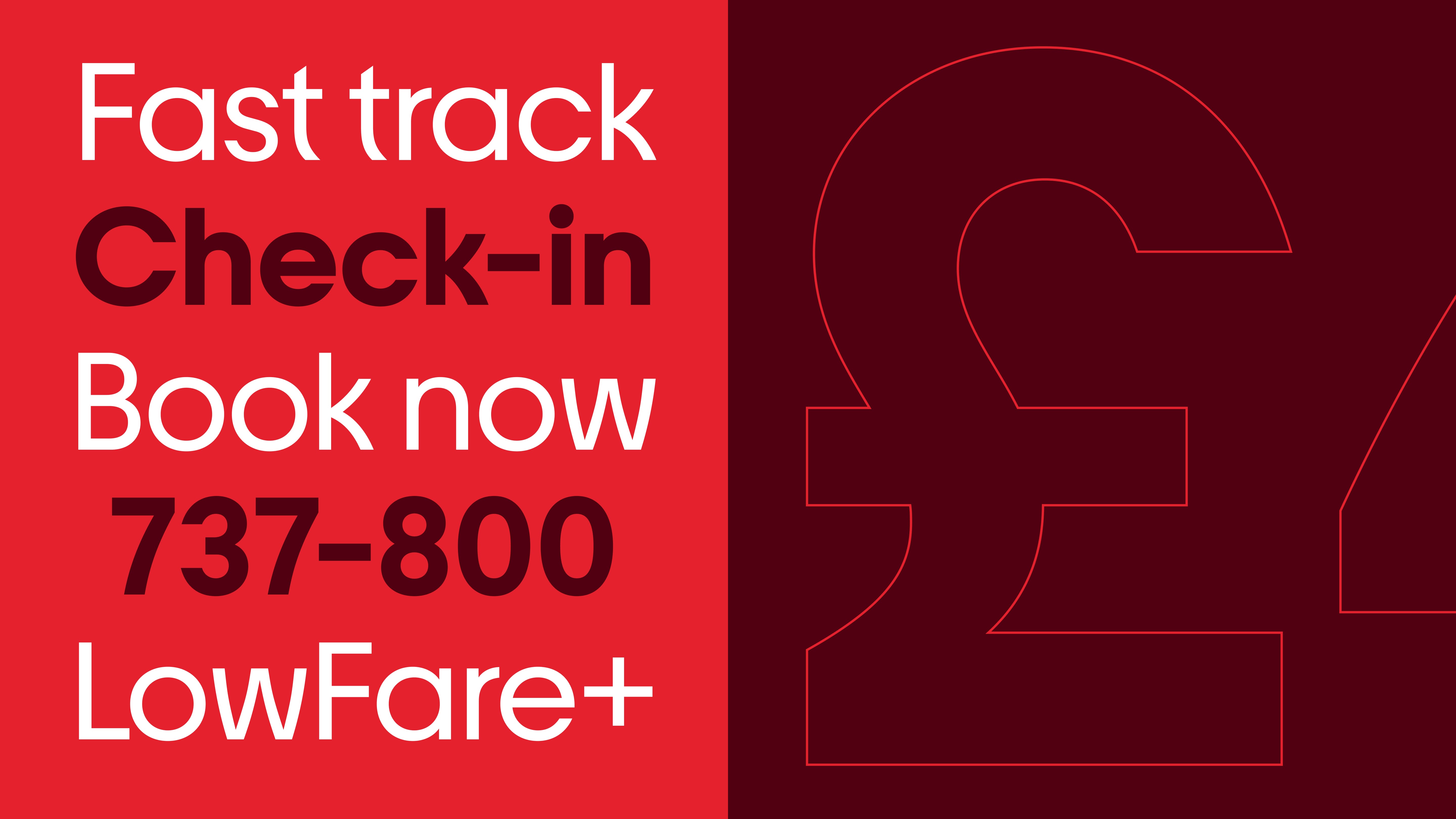 Red layout in the Norwegian typeface reading Fast track, Check-in, Book now, 737-800, LowFare+, beside a large outlined pound sign