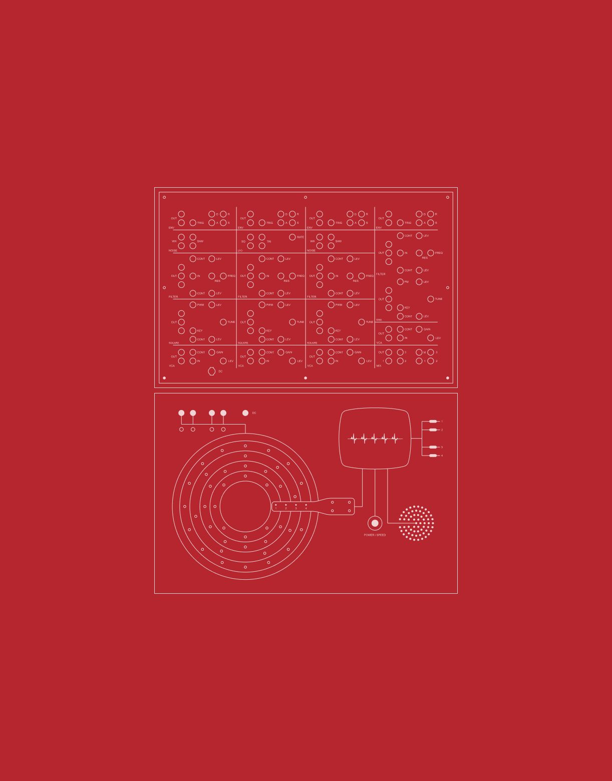 Technical line-art schematic of the synth module's control layout and the circular drum pad with concentric heartbeat rings.