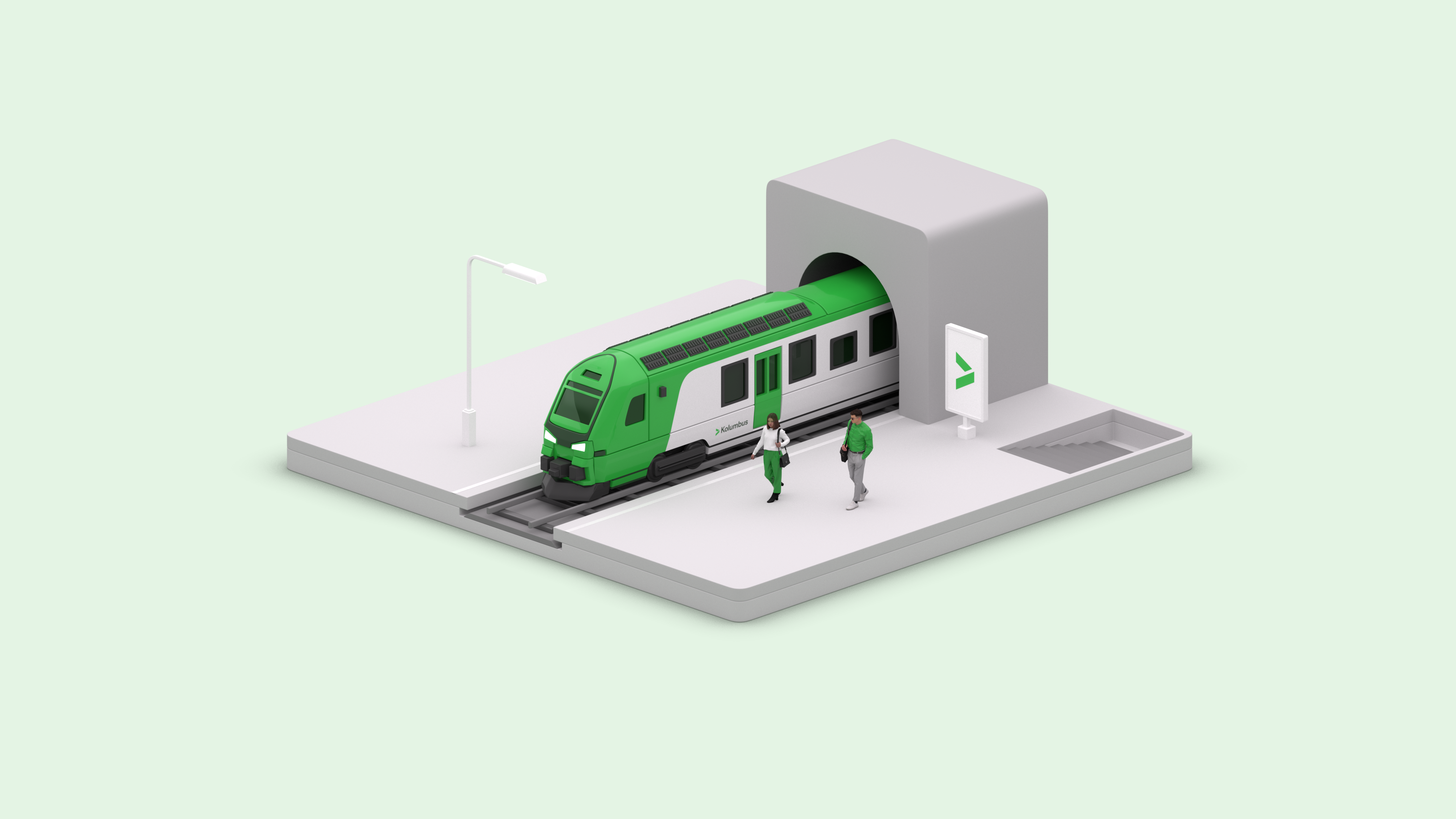 Illustrert togstasjon-modul fra Kolumbus-systemet, med et tog og ventende passasjerer
