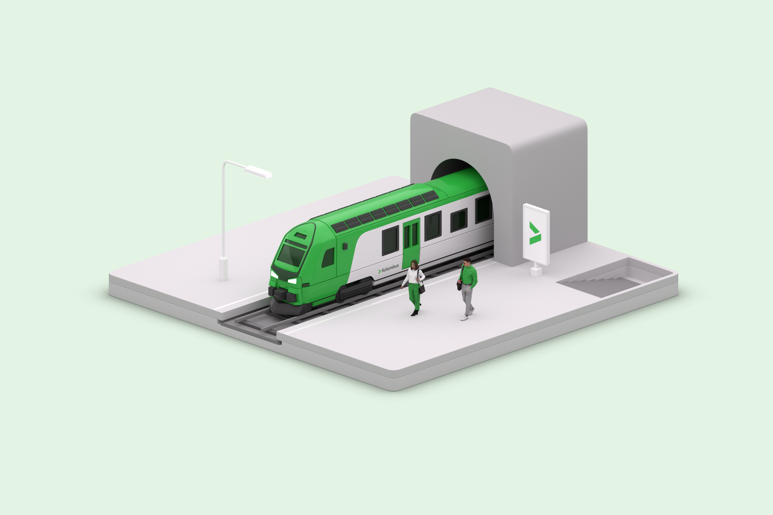 Illustrated train station module from the Kolumbus system, showing a train and waiting passengers